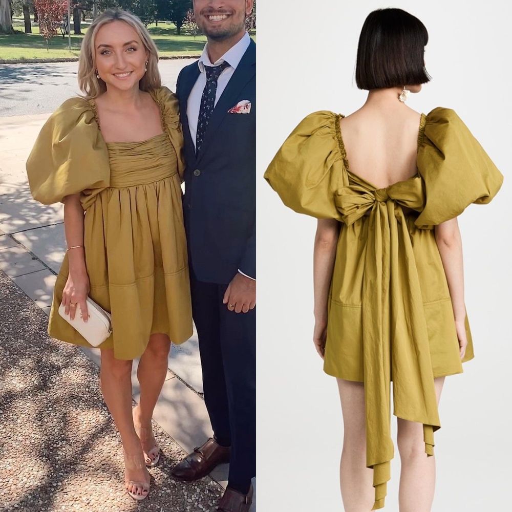 Aje Casabianca Puff Sleeve Bow Mini Dress Olive Green Smock Size AU 10 US 6 - Picture 16 of 16